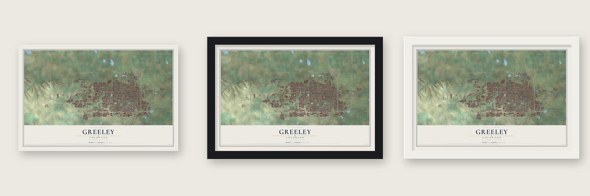 Greeley, Colorado map unframed, in a black wood frame and in a white wood frame