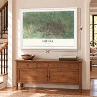 Greeley, Colorado map, 24 x 36 inch print in a white frame above a dresser by a staircase
