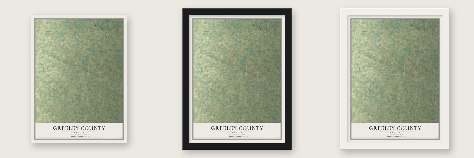 Greeley County, Kansas map unframed, in a black wood frame and in a white wood frame