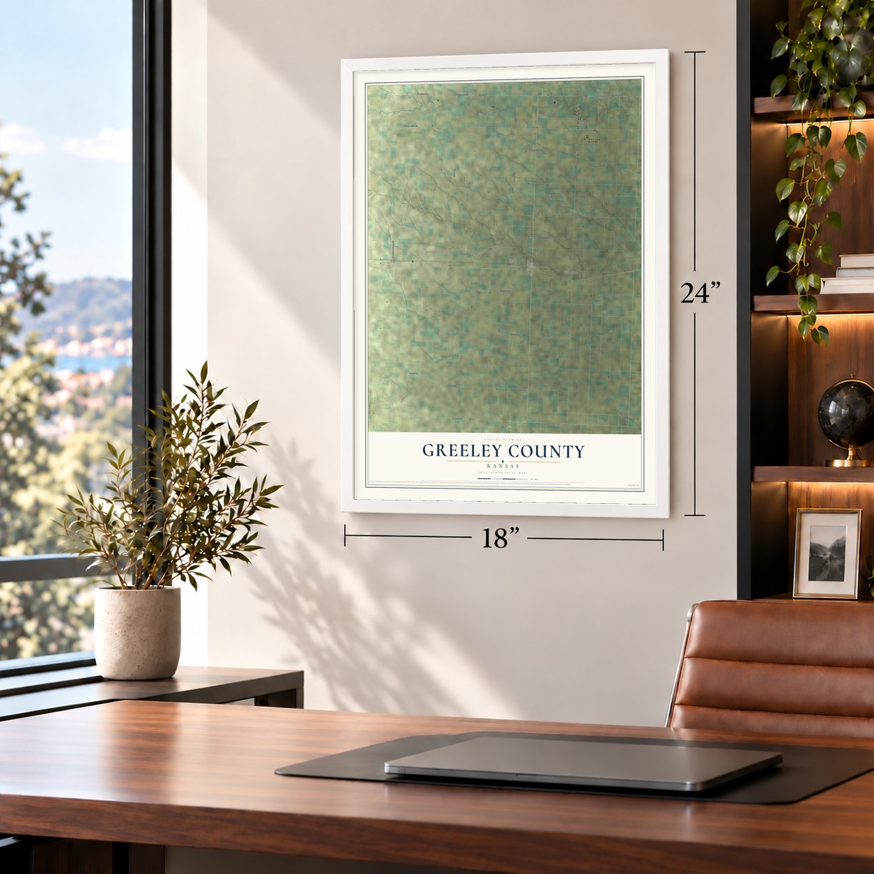 Greeley County, Kansas map, 18 x 24 inch print in a white frame in a home office