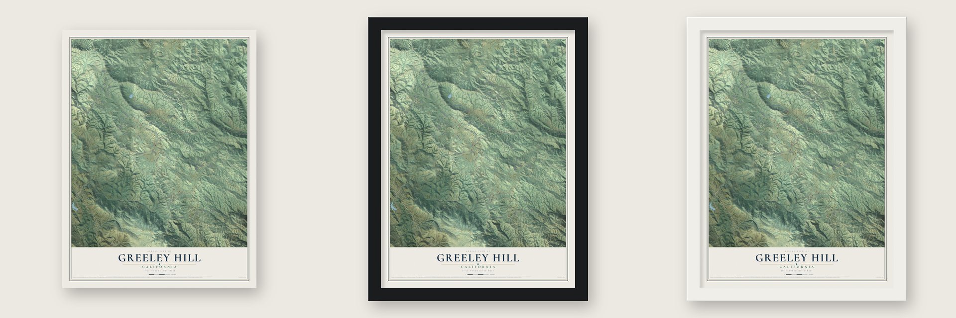 Greeley Hill, California map unframed, in a black wood frame and in a white wood frame