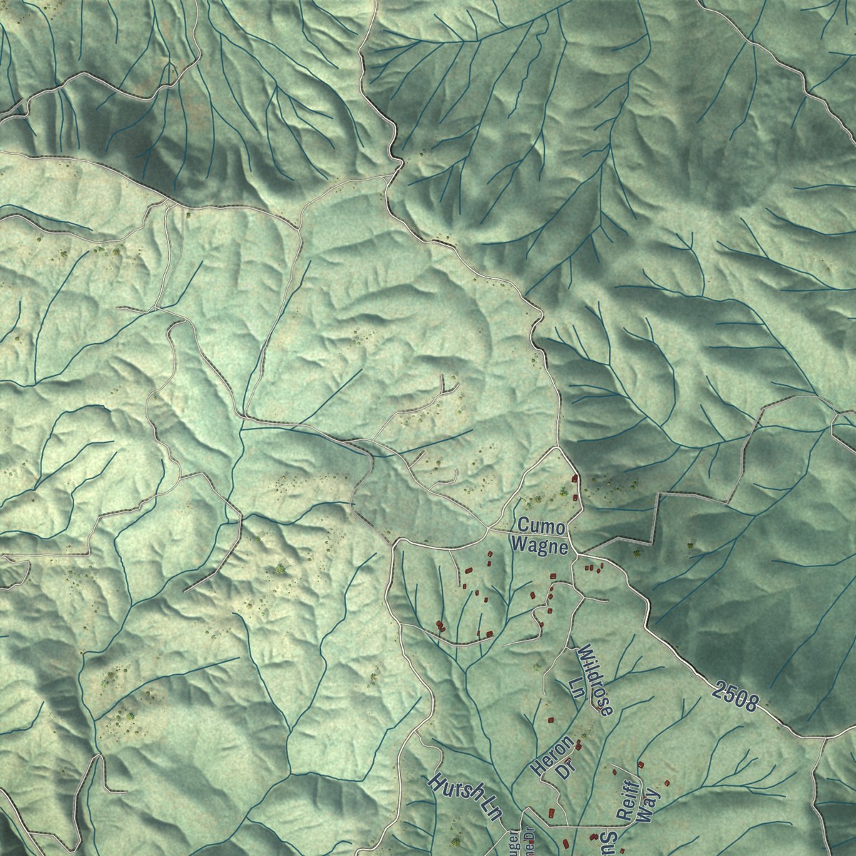 Second close-up of the map of Greeley Hill, California print showing more streets and buildings