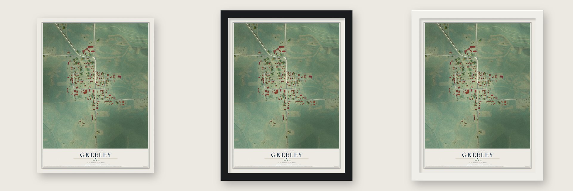 Greeley, Iowa map unframed, in a black wood frame and in a white wood frame