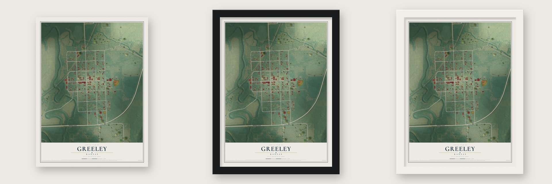 Greeley, Kansas map unframed, in a black wood frame and in a white wood frame