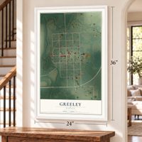 Greeley, Kansas map, 24 x 36 inch print in a white frame by a staircase