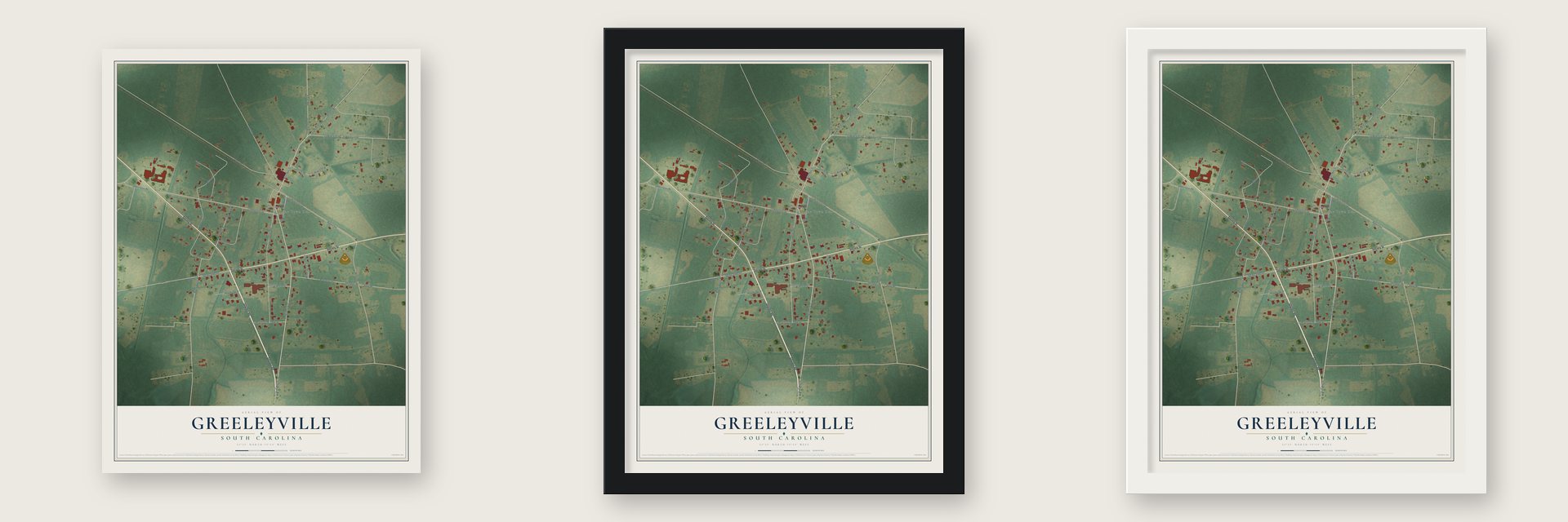 Greeleyville, South Carolina map unframed, in a black wood frame and in a white wood frame