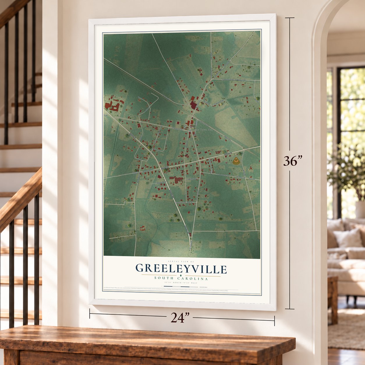 Greeleyville, South Carolina map, 24 x 36 inch print in a white frame by a staircase