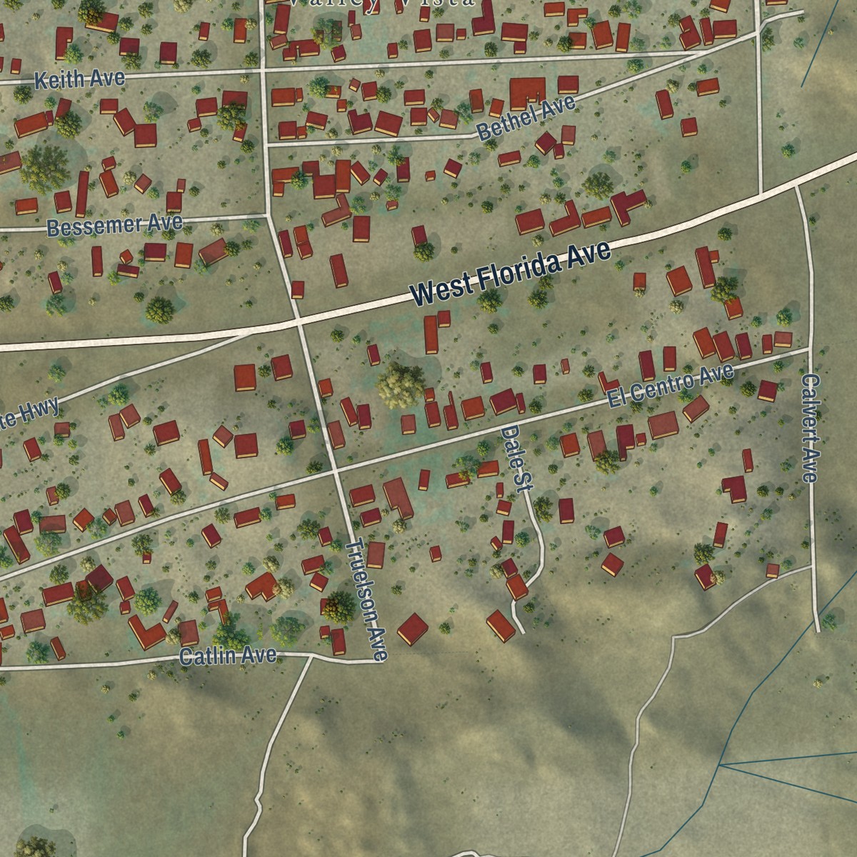 Second close-up of the map of Green Acres, California print showing more streets and buildings