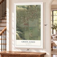 Green Acres, California map, 24 x 36 inch print in a white frame by a staircase