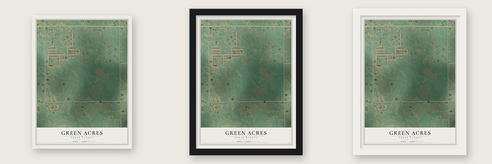 Green Acres, North Dakota map unframed, in a black wood frame and in a white wood frame