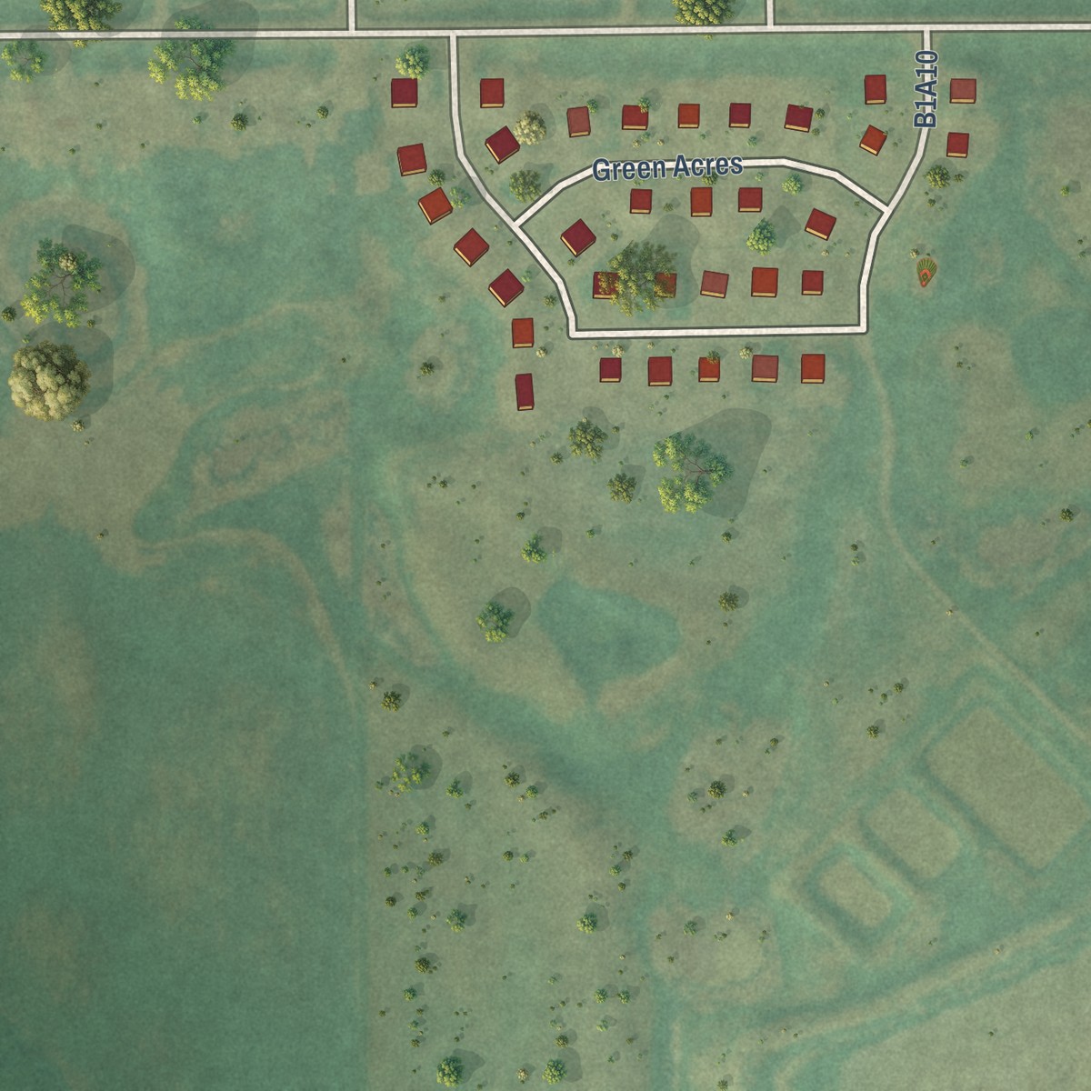 Second close-up of the map of Green Acres, North Dakota print showing more streets and buildings