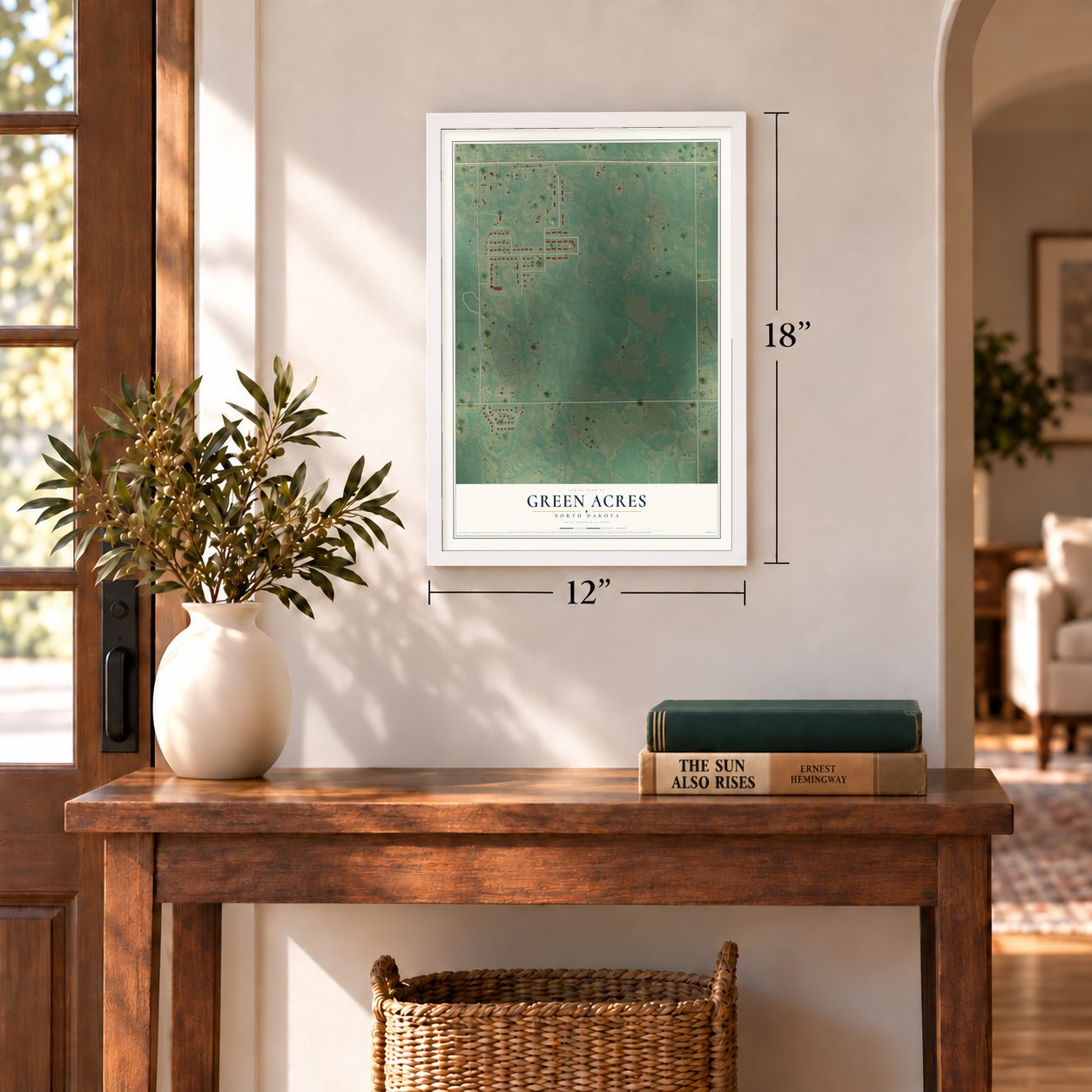 Green Acres, North Dakota map, 12 x 18 inch print in a white frame in an entryway