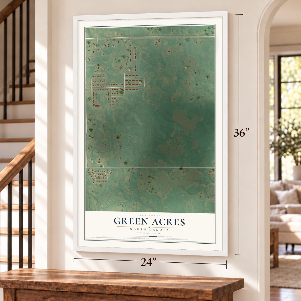 Green Acres, North Dakota map, 24 x 36 inch print in a white frame by a staircase