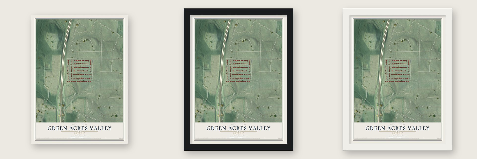Green Acres Valley, Georgia map unframed, in a black wood frame and in a white wood frame