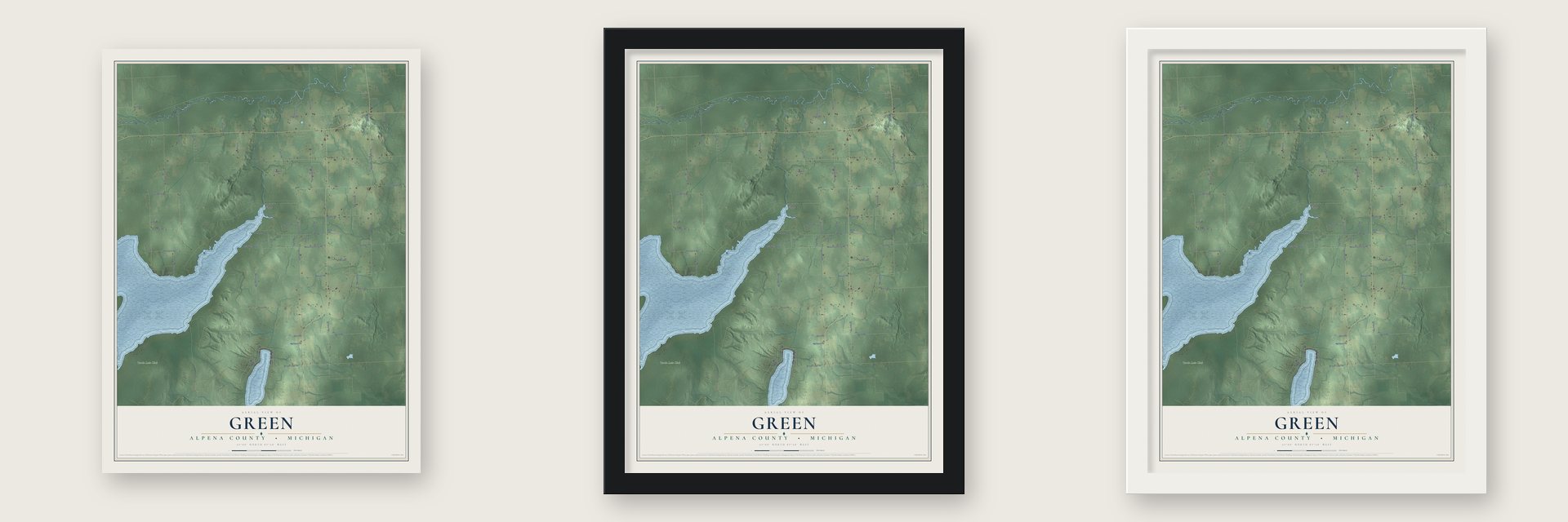 Green, Alpena County, Michigan map unframed, in a black wood frame and in a white wood frame