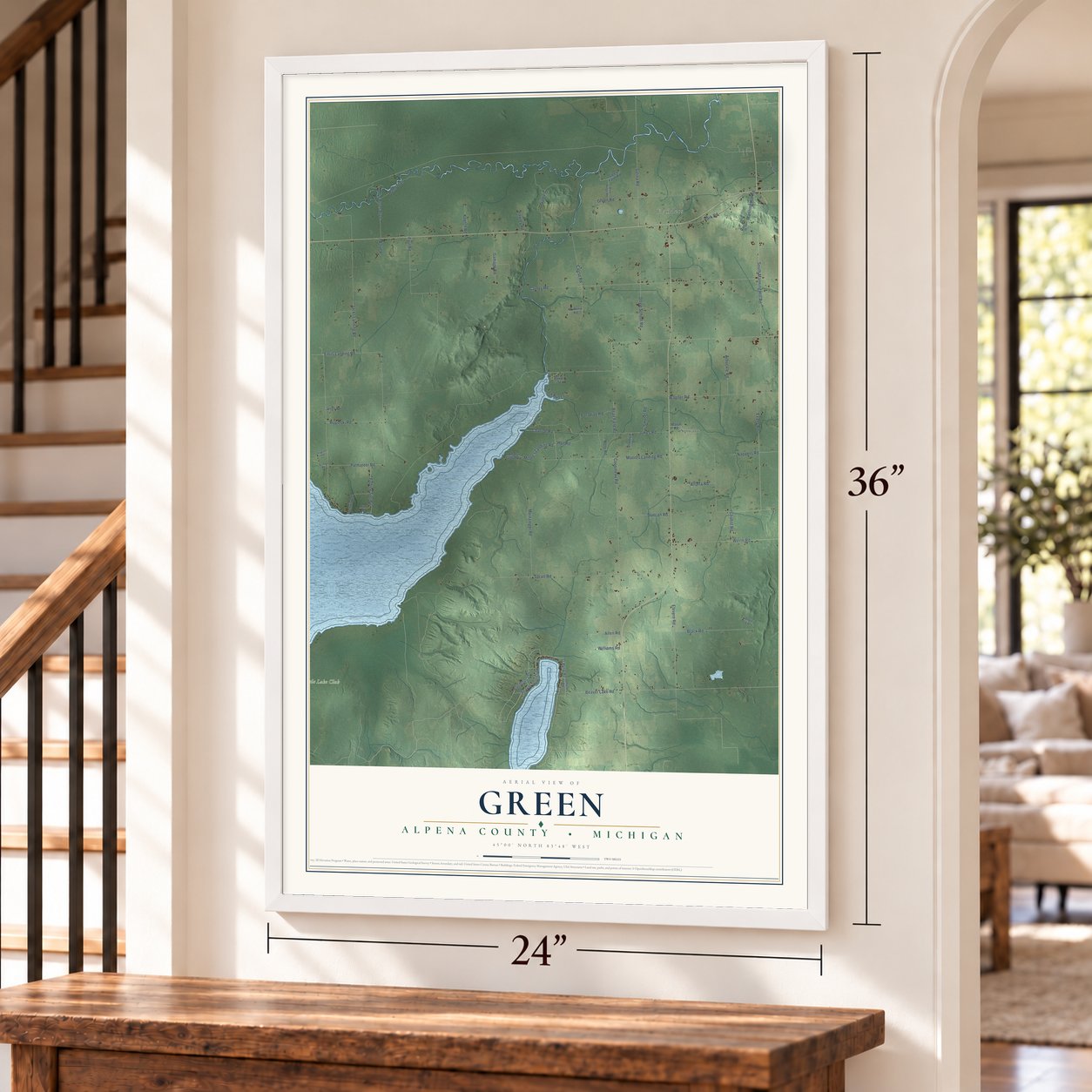 Green, Alpena County, Michigan map, 24 x 36 inch print in a white frame by a staircase