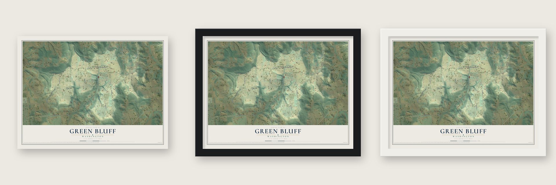 Green Bluff, Washington map unframed, in a black wood frame and in a white wood frame