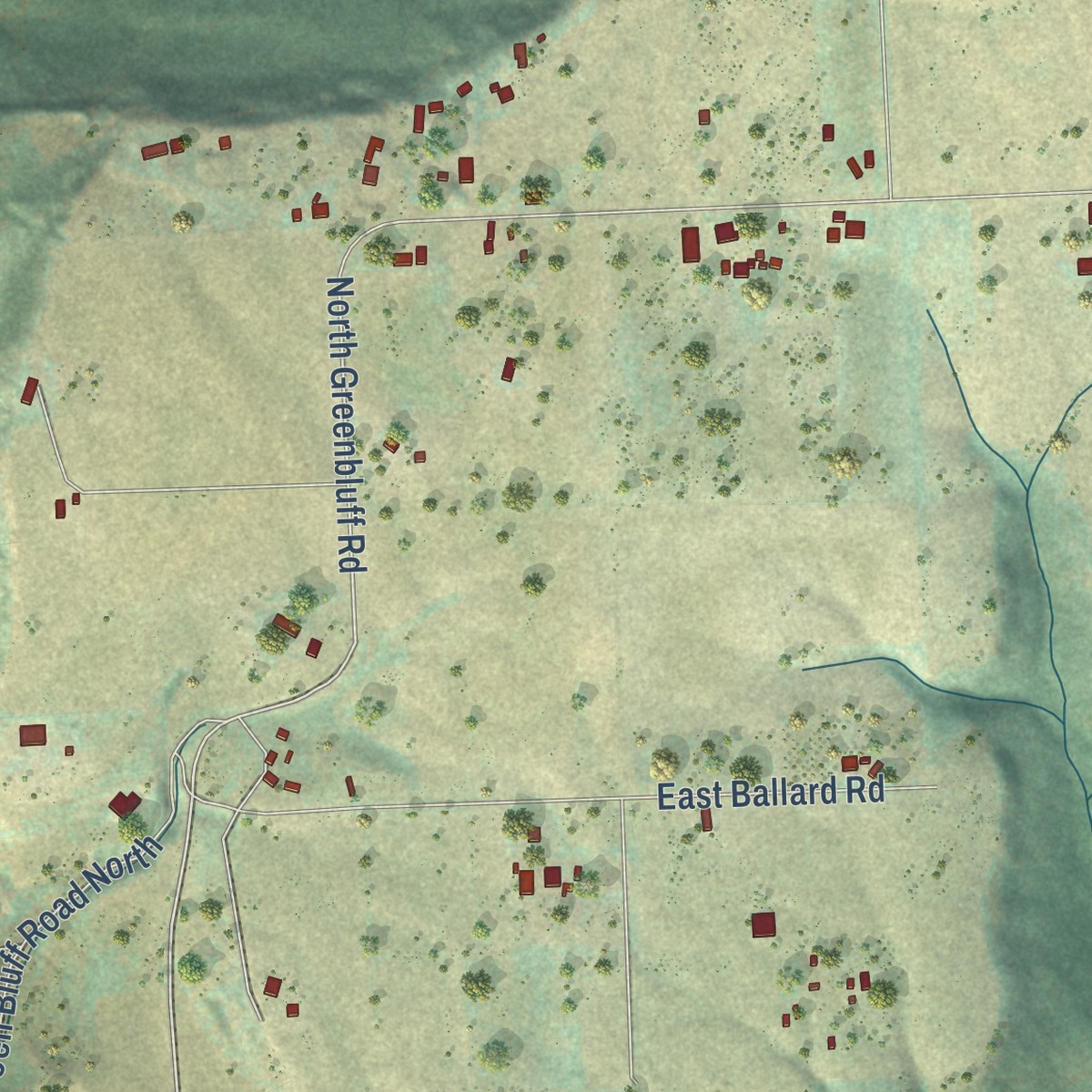 Second close-up of the map of Green Bluff, Washington print showing more streets and buildings