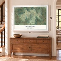 Green Bluff, Washington map, 24 x 36 inch print in a white frame above a dresser by a staircase