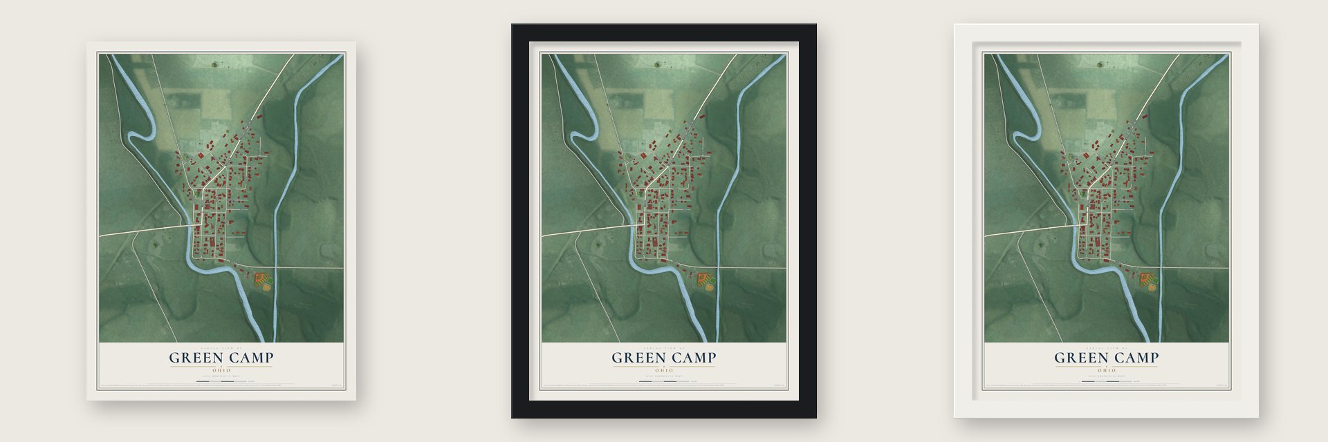 Green Camp, Ohio map unframed, in a black wood frame and in a white wood frame