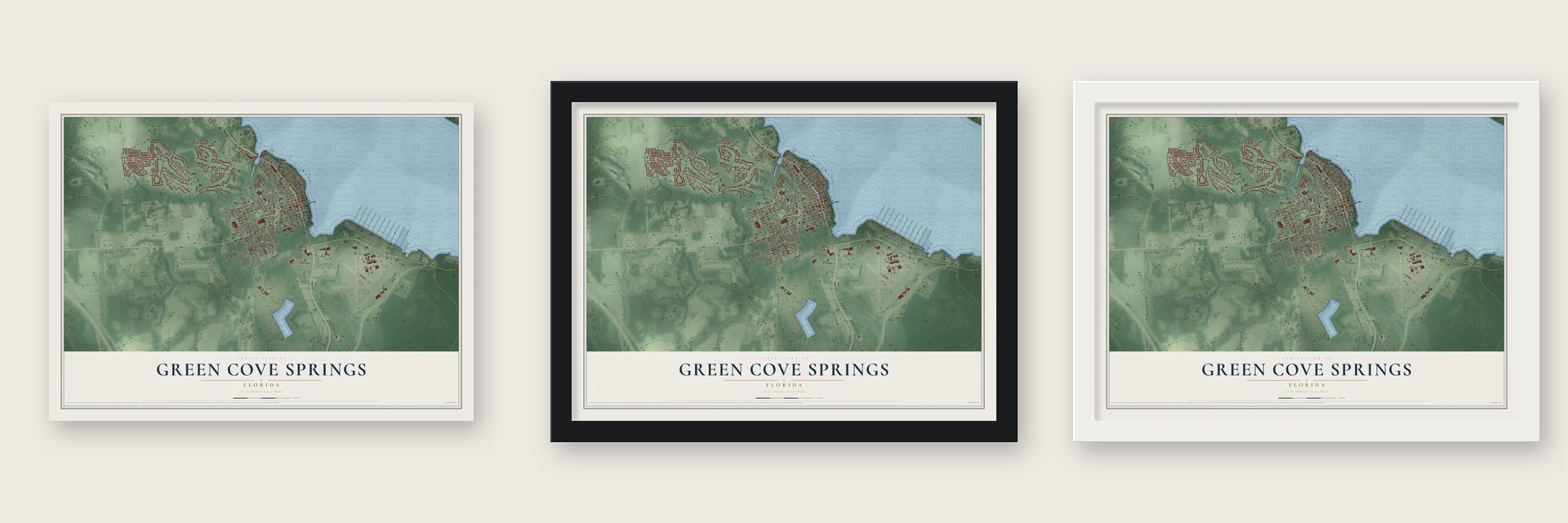 Green Cove Springs, Florida map unframed, in a black wood frame and in a white wood frame