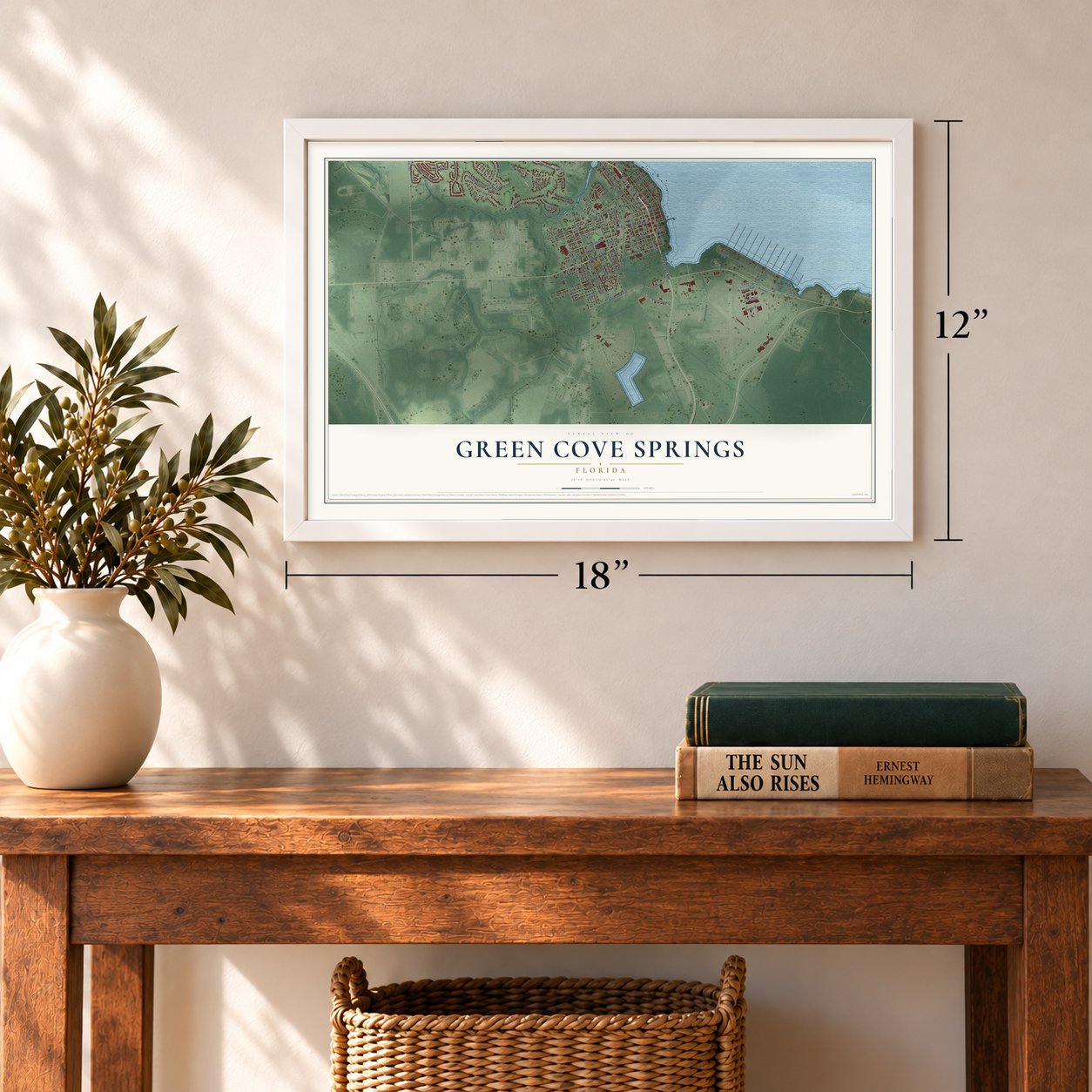 Green Cove Springs, Florida map, 12 x 18 inch print in a white frame in an entryway