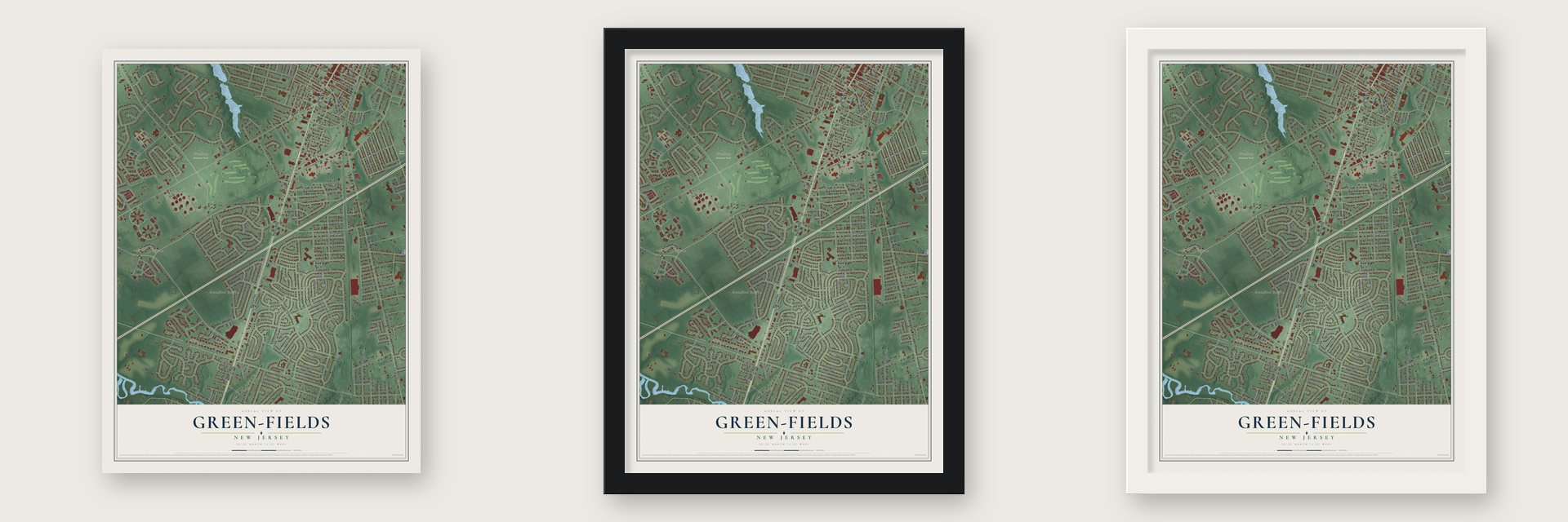 Green-Fields, New Jersey map unframed, in a black wood frame and in a white wood frame