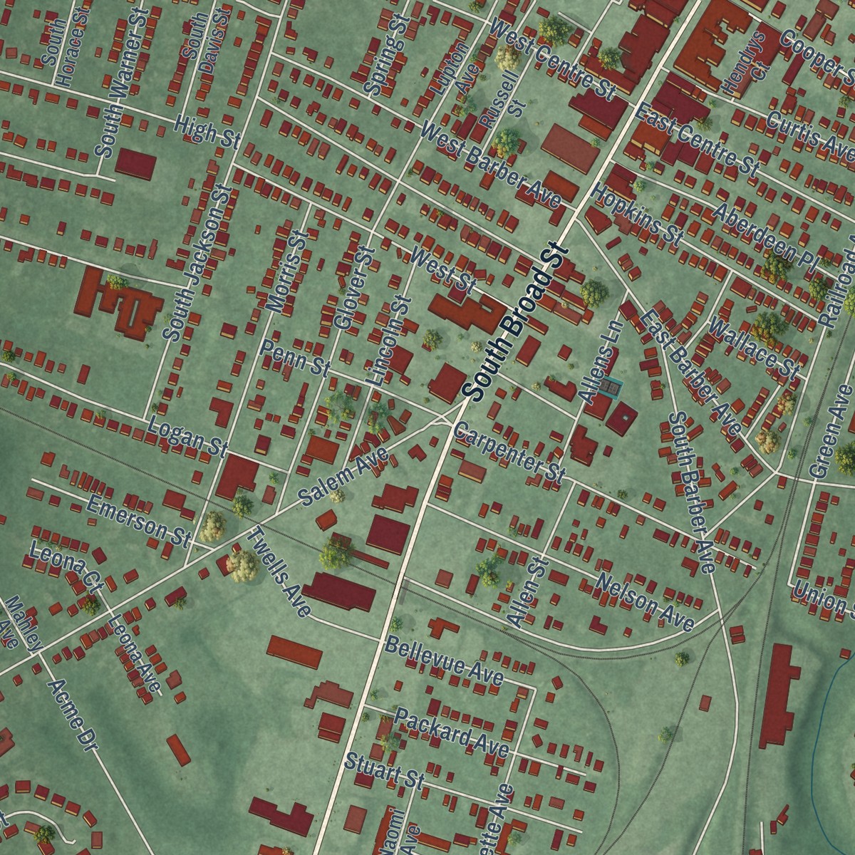 Second close-up of the map of Green-Fields, New Jersey print showing more streets and buildings