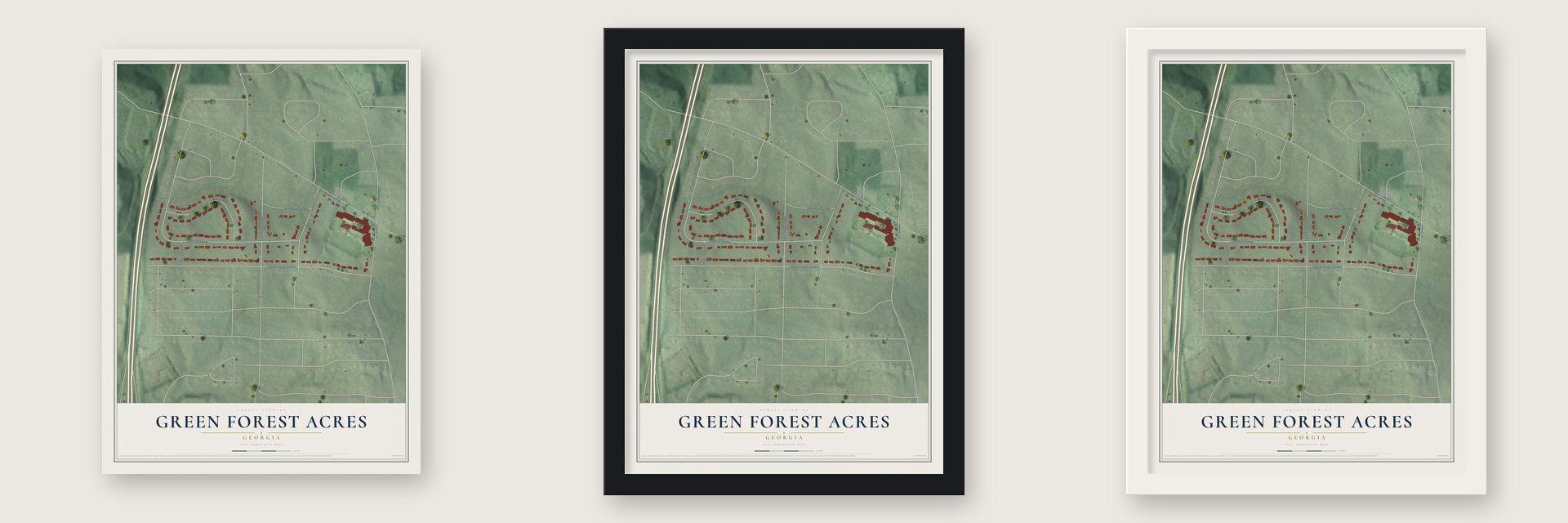 Green Forest Acres, Georgia map unframed, in a black wood frame and in a white wood frame