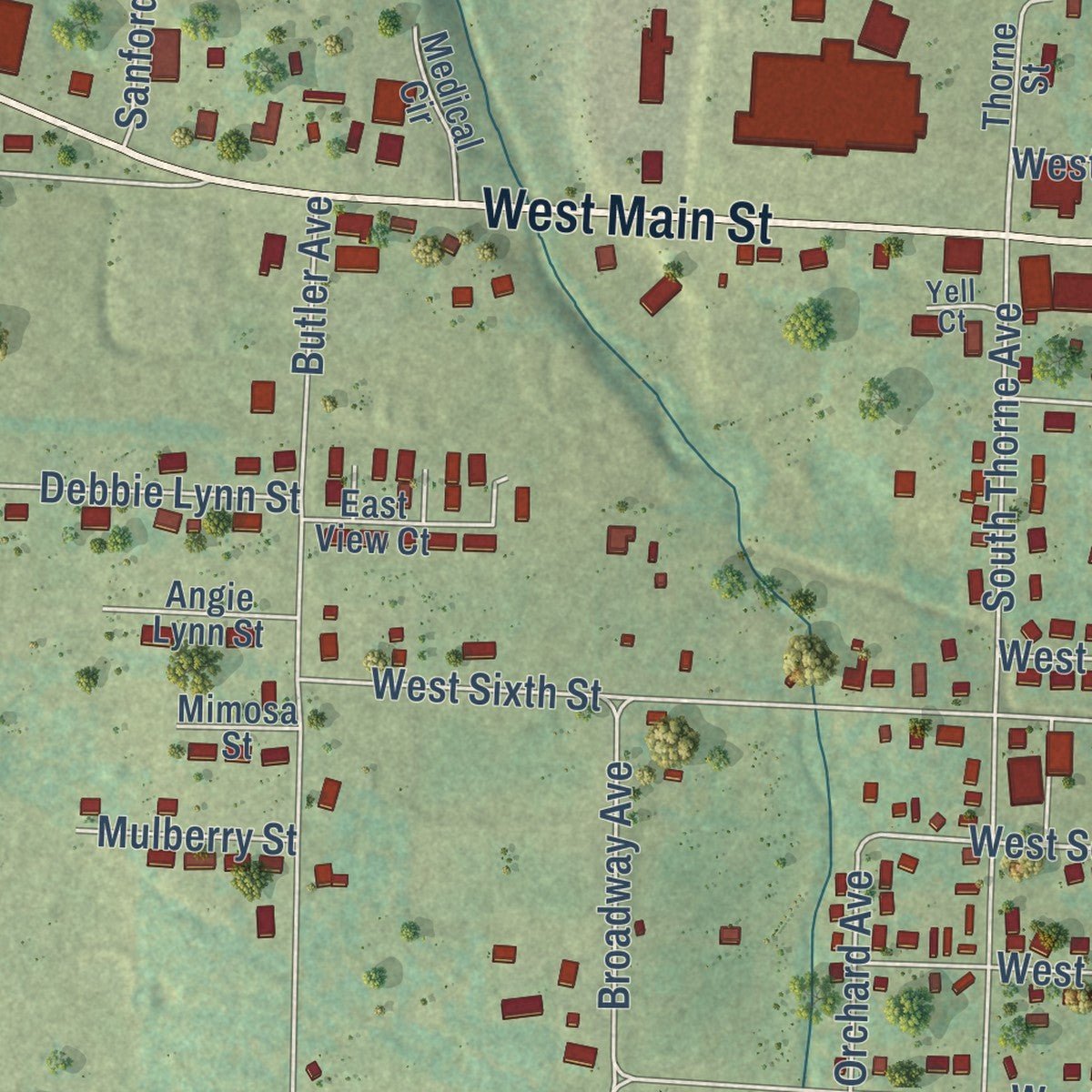 Second close-up of the map of Green Forest, Arkansas print showing more streets and buildings