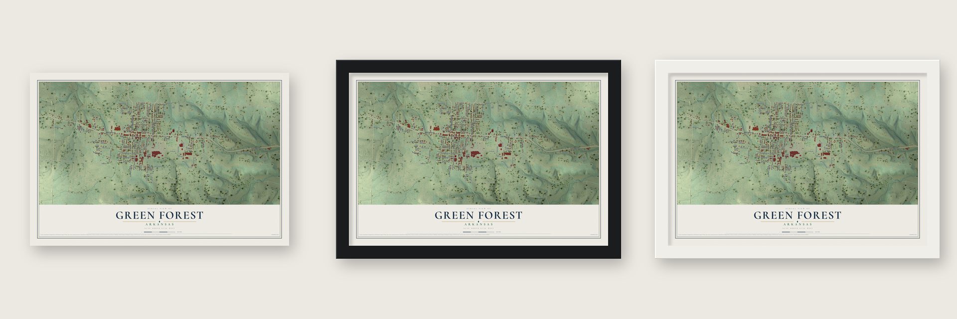 Green Forest, Arkansas map unframed, in a black wood frame and in a white wood frame