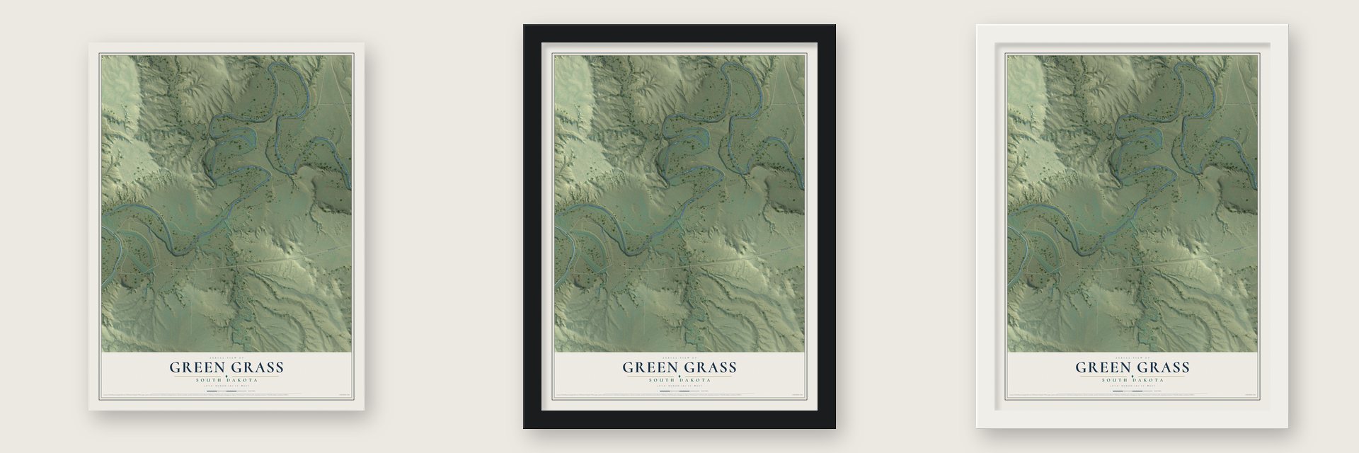 Green Grass, South Dakota map unframed, in a black wood frame and in a white wood frame