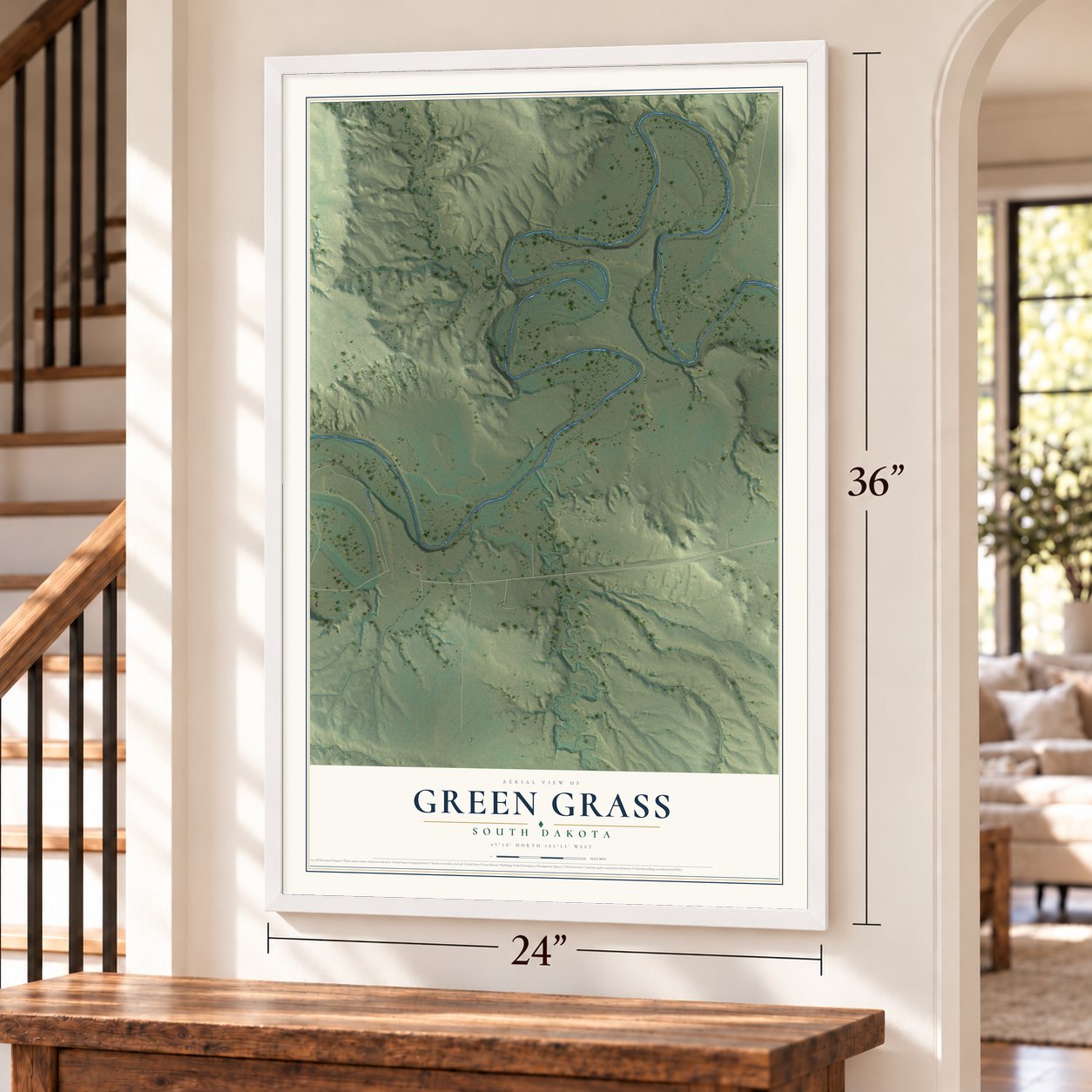Green Grass, South Dakota map, 24 x 36 inch print in a white frame by a staircase