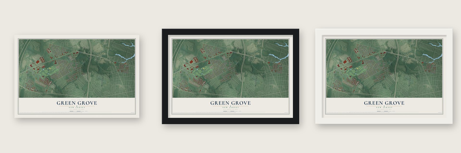 Green Grove, New Jersey map unframed, in a black wood frame and in a white wood frame