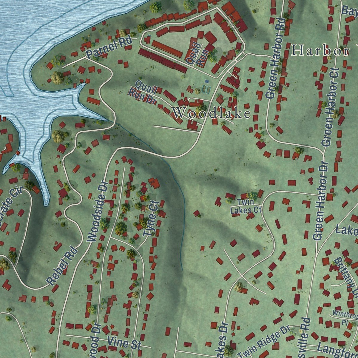 Second close-up of the map of Green Hill, Tennessee print showing more streets and buildings