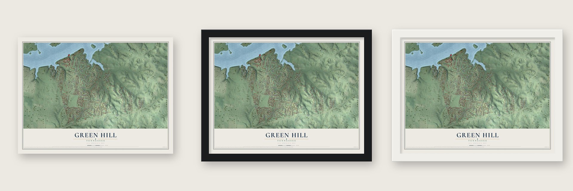 Green Hill, Tennessee map unframed, in a black wood frame and in a white wood frame
