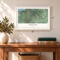 Green Hill, Tennessee map, 12 x 18 inch print in a white frame in an entryway