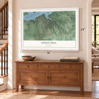 Green Hill, Tennessee map, 24 x 36 inch print in a white frame above a dresser by a staircase