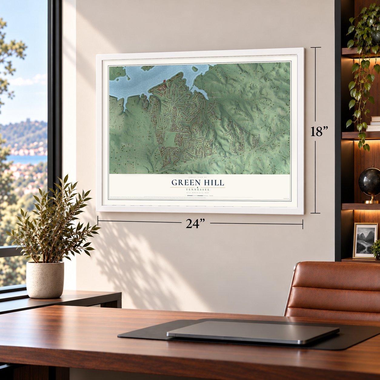 Green Hill, Tennessee map, 18 x 24 inch print in a white frame in a home office