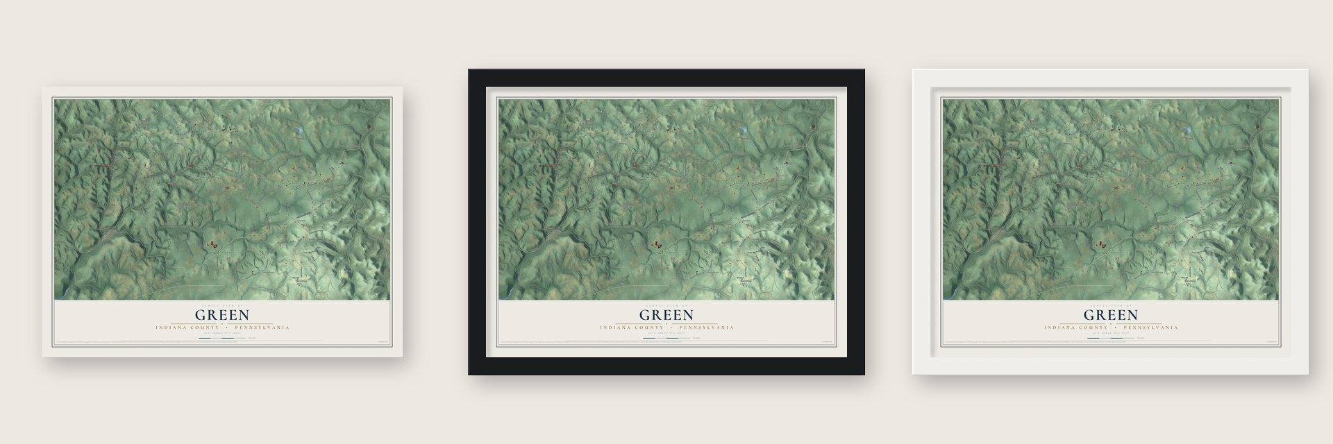 Green, Indiana County, Pennsylvania map unframed, in a black wood frame and in a white wood frame