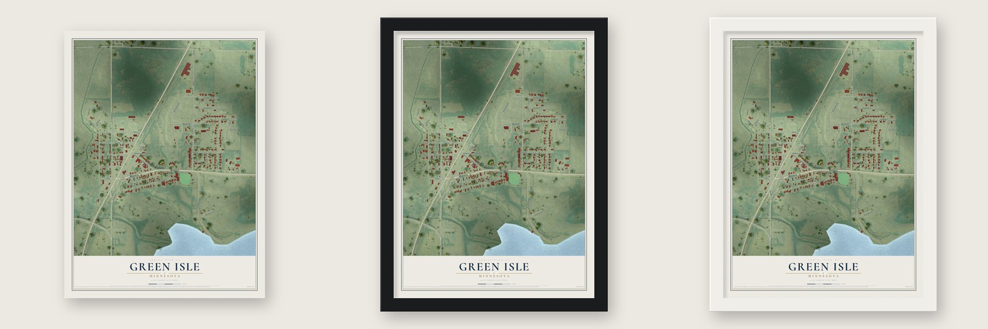 Green Isle, Minnesota map unframed, in a black wood frame and in a white wood frame