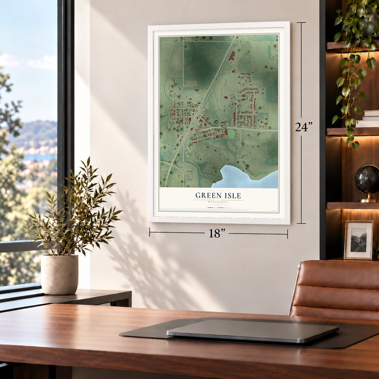 Green Isle, Minnesota map, 18 x 24 inch print in a white frame in a home office