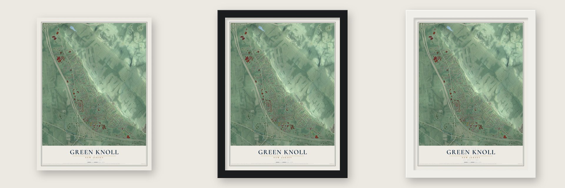 Green Knoll, New Jersey map unframed, in a black wood frame and in a white wood frame