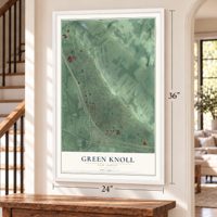 Green Knoll, New Jersey map, 24 x 36 inch print in a white frame by a staircase