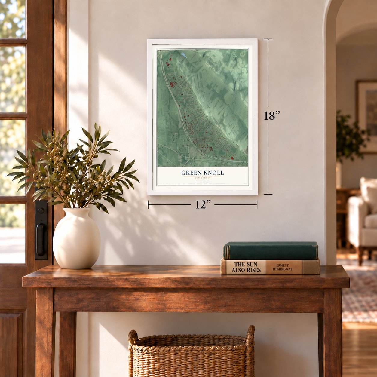 Green Knoll, New Jersey map, 12 x 18 inch print in a white frame in an entryway