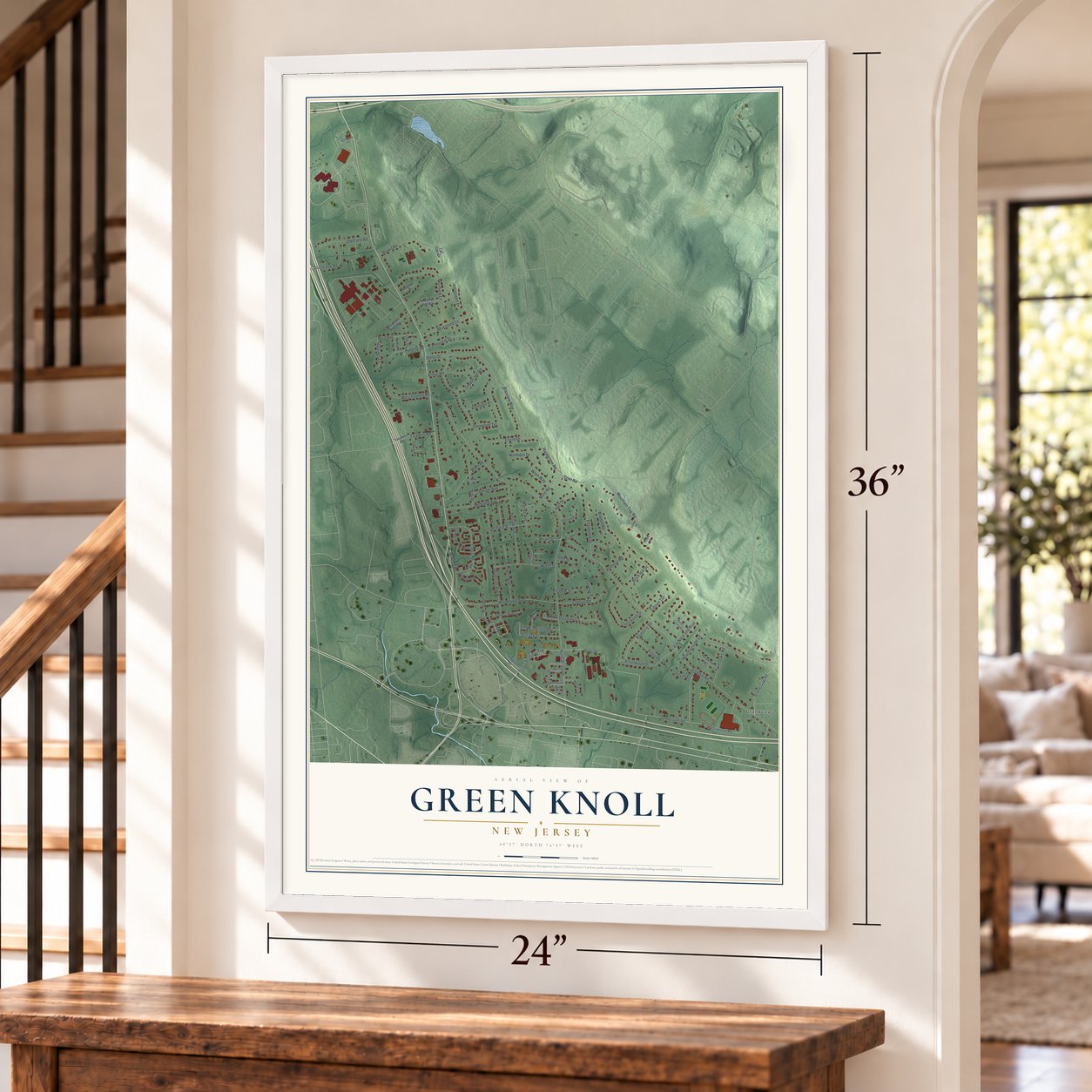 Green Knoll, New Jersey map, 24 x 36 inch print in a white frame by a staircase