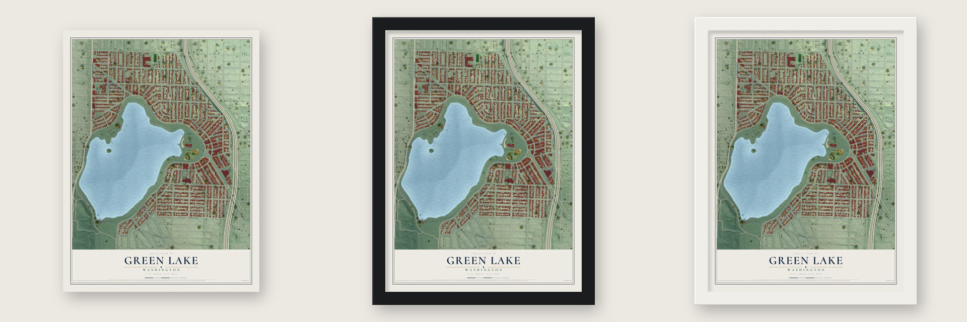 Green Lake, Washington map unframed, in a black wood frame and in a white wood frame
