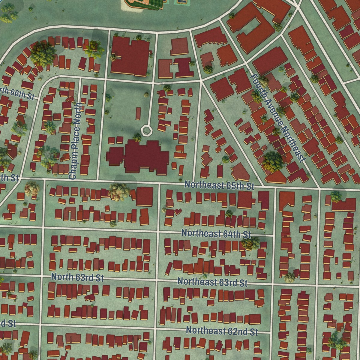Second close-up of the map of Green Lake, Washington print showing more streets and buildings