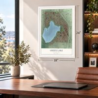 Green Lake, Washington map, 18 x 24 inch print in a white frame in a home office
