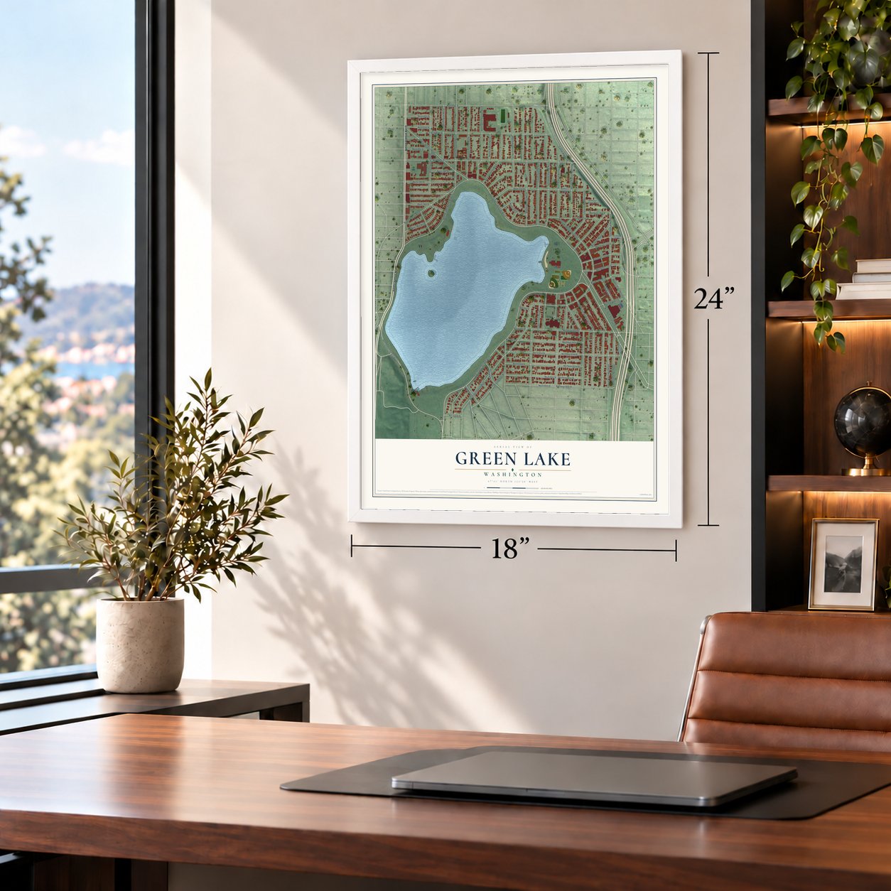 Green Lake, Washington map, 18 x 24 inch print in a white frame in a home office